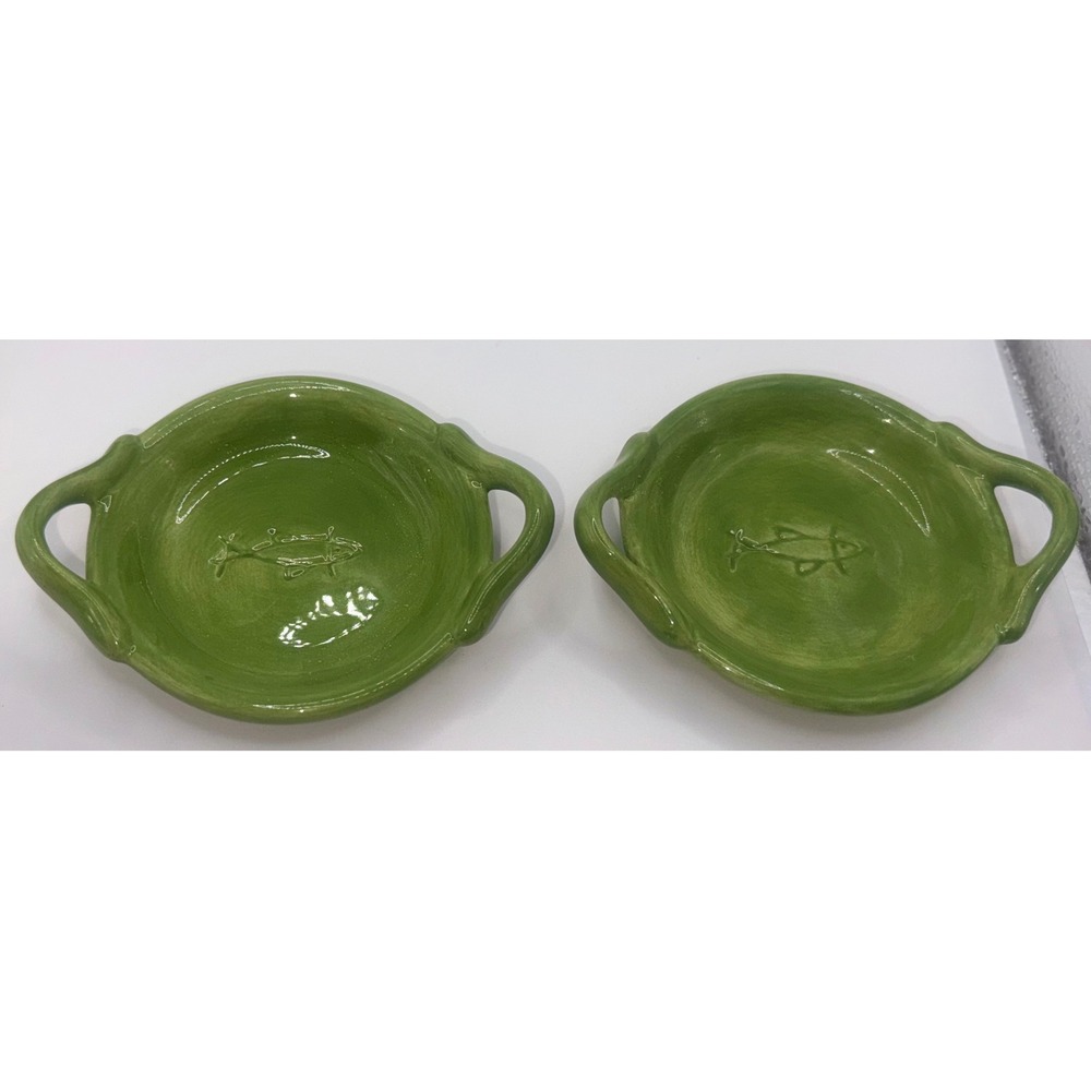 Pottery Barn Paella Green Ceramic Mini Fish Dipping Bowls Ramekins Set of 2
